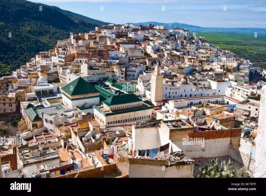 Panoramic view of the picturesque town of Moulay Idriss nestled on a hillside, a key stop on the Fes full-day tour.