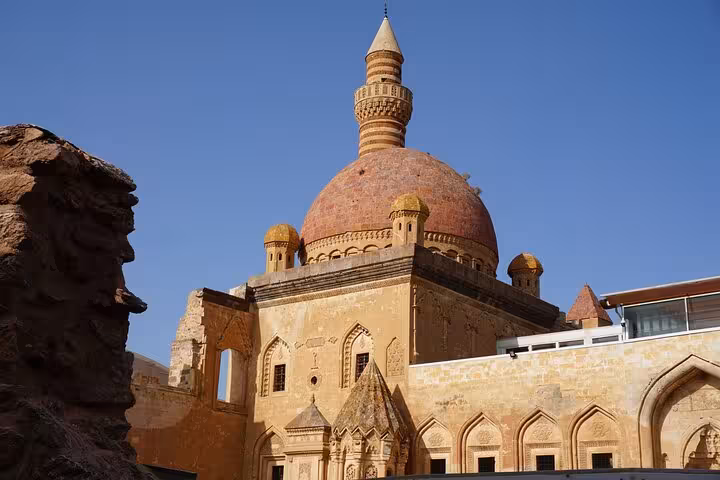 Historic mosque dome and minaret near Mount Ararat, cultural stop on a 7-day private trekking tour