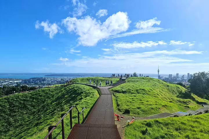 Scenic view from Mount Eden with Auckland skyline in the background, perfect for a city highlights half-day tour.