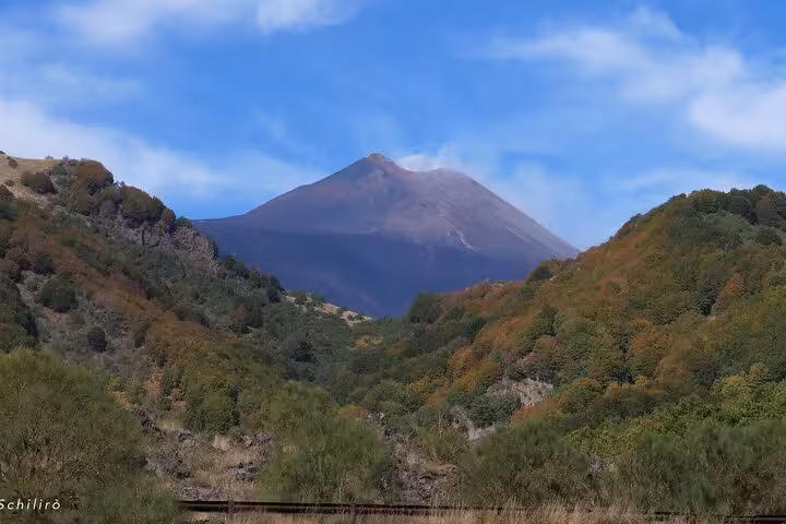 Mount Etna's volcanic summit rises between vibrant autumn foliage, set against a bright blue sky backdrop.