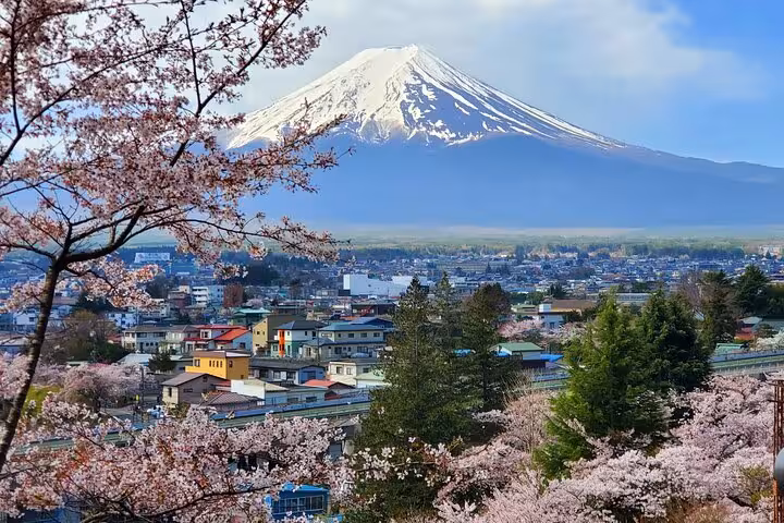 Breathtaking view of Mount Fuji framed by vibrant cherry blossoms overlooking a charming town in springtime.