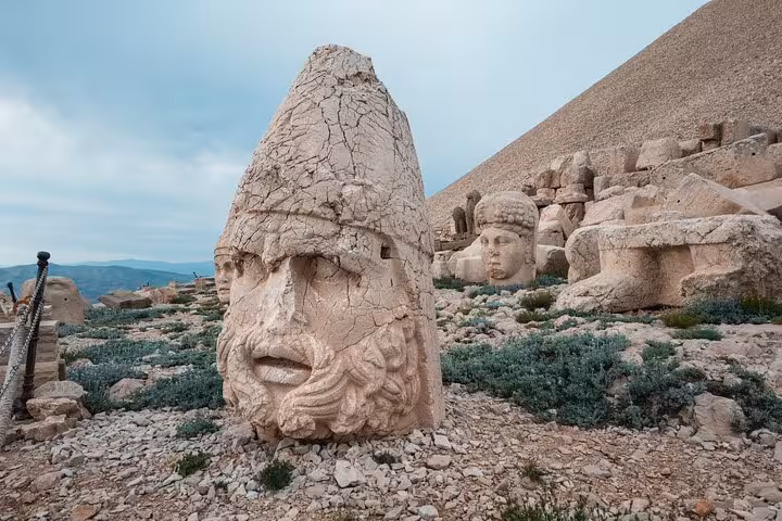 Close-up of Mount Nemrut stone head statues at Commagene sanctuary on 2-day Istanbul flight tour