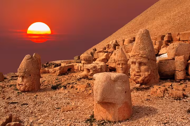 Sunrise at Mount Nemrut with Commagene statue heads, 2-day 1-night Istanbul flight tour to Nemrut