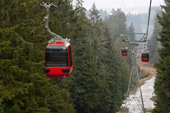 Red cable cars glide over lush forests on Mount Pilatus, offering stunning views on a Lucerne private day trip.