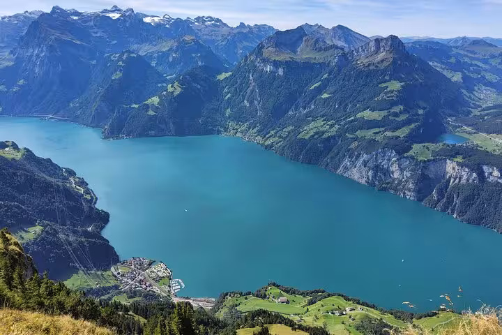 Lake Lucerne and Swiss Alps panorama from Mount Rigi viewpoint on Zurich day trip with steep funicular