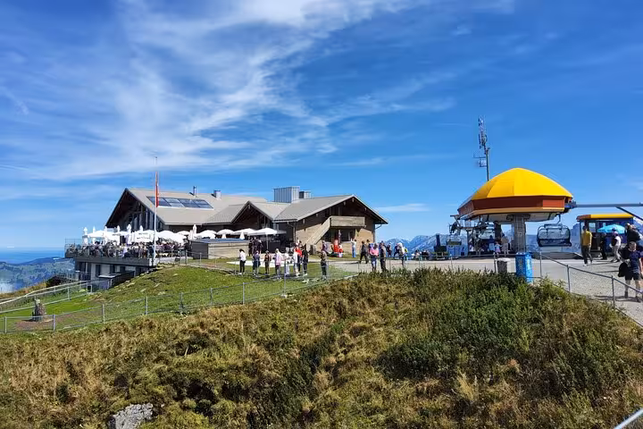 Mount Rigi summit station with cable car and terrace, part of Zurich day trip riding the world’s steepest funicular