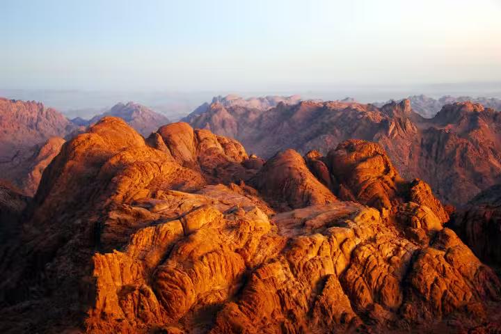 Panoramic Mount Sinai desert mountains at dawn, iconic landscape on Moses Mountain and St. Katharine day trip