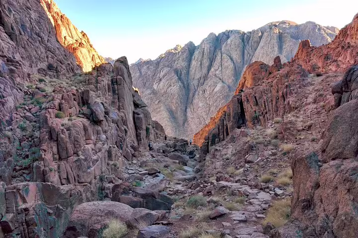 Rocky canyon trail in Sinai Mountains near Mount Sinai, scenic hike on private overnight tour from Cairo