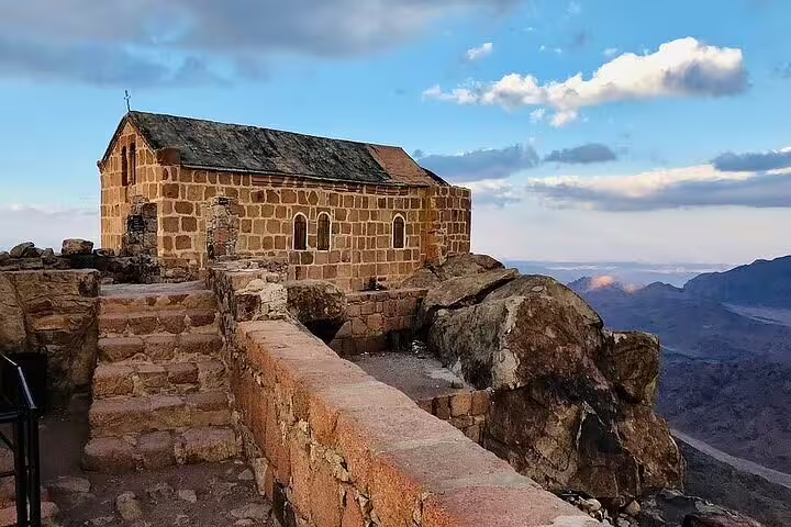 Stone chapel at Mount Sinai summit near St Catherine Monastery, sunrise climb tour from Sharm El Sheikh, Egypt