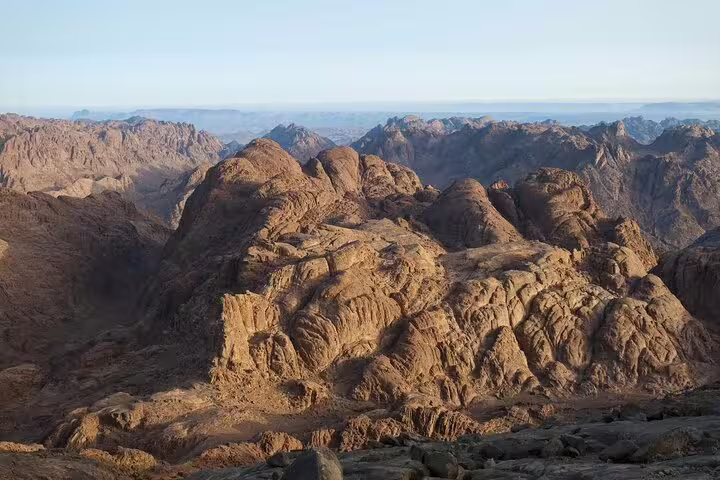 Mount Sinai summit panorama in Egypt, scenic views on private climb day tour from Sharm El Sheikh
