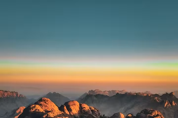 Sunrise over Mount Sinai peaks on a Sharm El Sheikh tour to St Catherine’s Monastery, Sinai Egypt