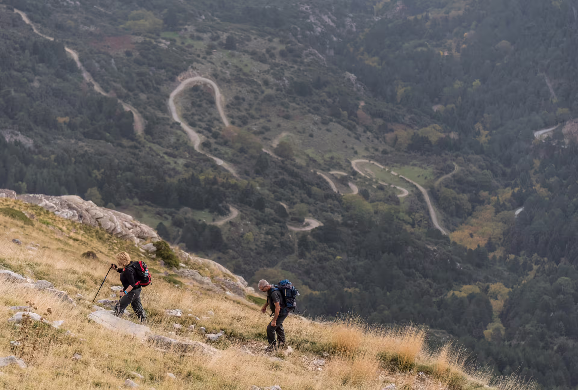 Trekking uphill on Mount Taygetos slopes above forest valleys, guided hike toward the 2407m summit