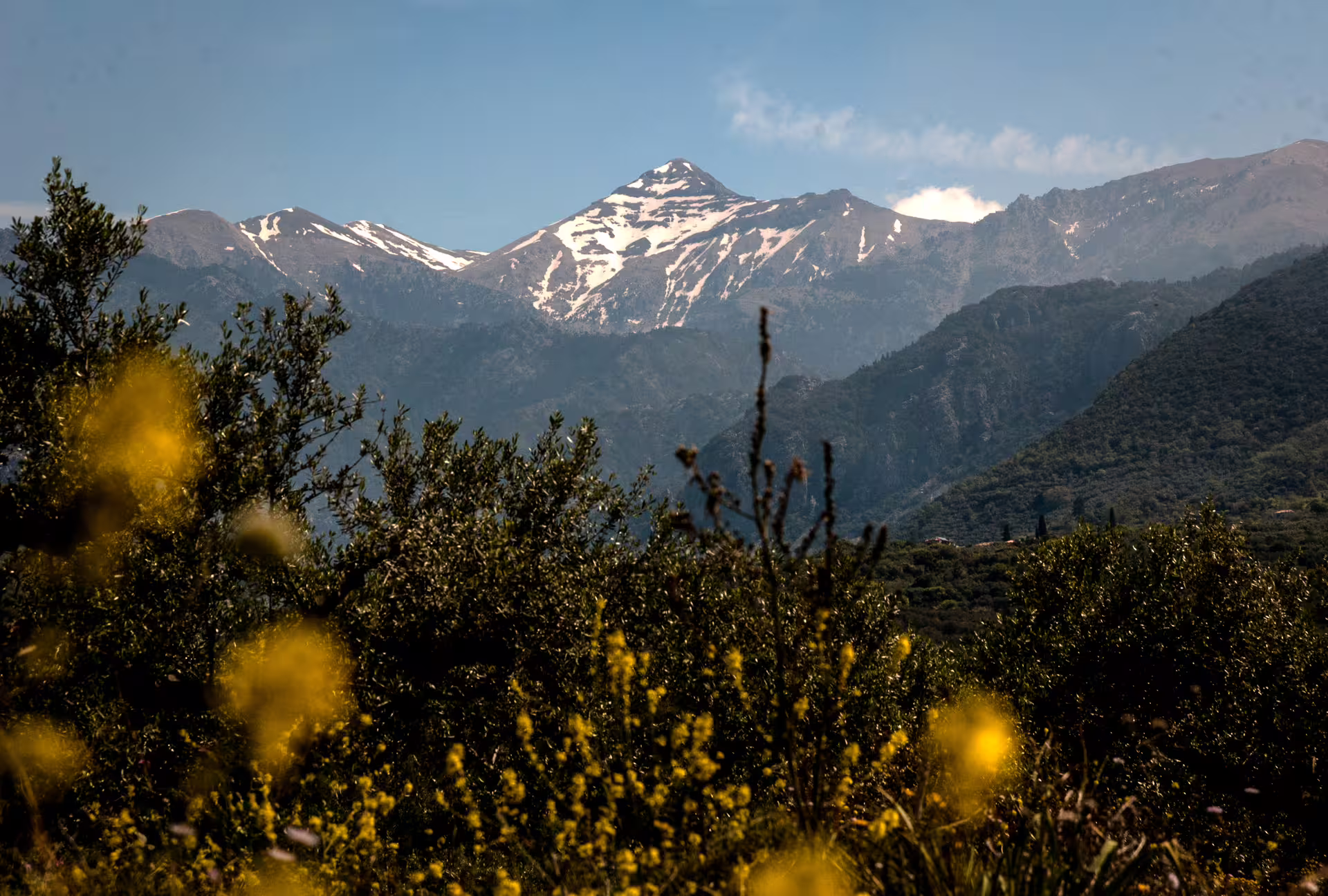 Snow-streaked Mount Taygetos massif in Greece, scenic view on the 2407m summit hiking tour route