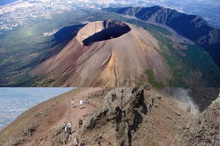 Aerial view of Mount Vesuvius with its massive crater surrounded by lush greenery and distant coastal landscape.