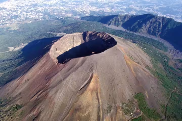 Aerial view of Mount Vesuvius crater, highlight of VIP guided small-group volcano tour with entrance ticket