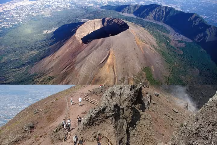 Aerial view of Mount Vesuvius with hikers exploring the crater's edge, showcasing the stunning landscape from Amalfi Coast tours.