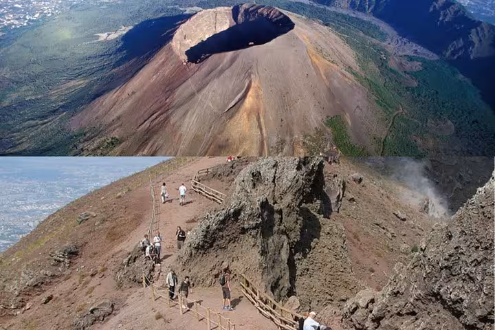 Aerial view of Mount Vesuvius crater and hiking trail with tourists, highlighting Pompeii tour adventure.