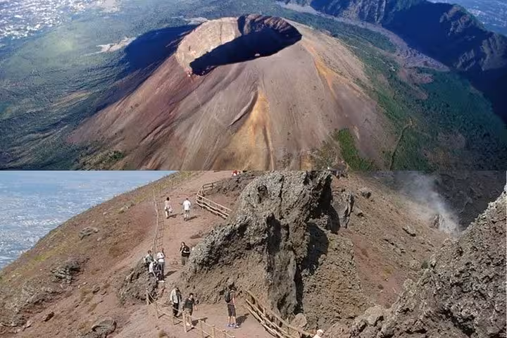Aerial view of Mount Vesuvius with tourists hiking its rugged trails, featured in the Pompeii and Vesuvius tour from Sorrento.