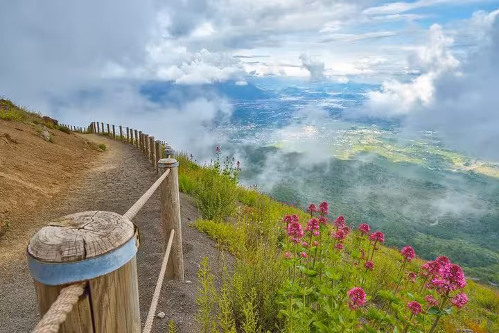 View from Mount Vesuvius with vibrant flowers and clouds overlooking the lush landscapes near Naples, Italy.