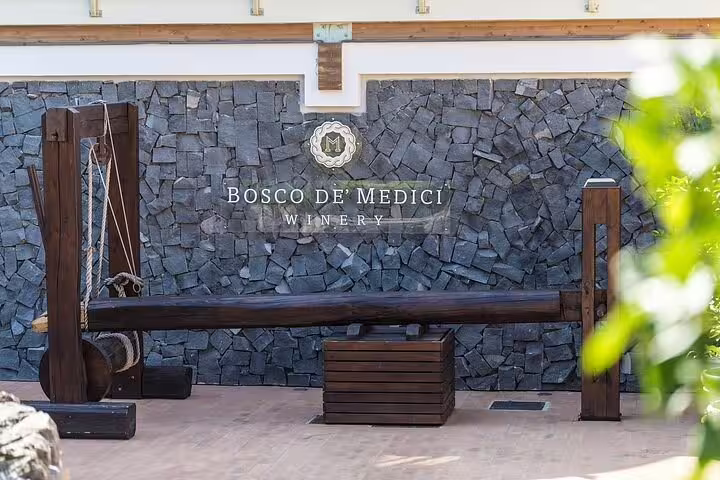 Historic wooden wine press at Bosco de’ Medici Winery near Mount Vesuvius, a highlight of the Mt Vesuvius winery visit tour