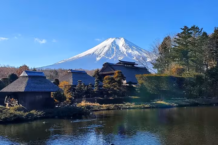 Idyllic view of traditional Japanese village with Mt. Fuji in the background, perfect for a Mt. Fuji and Hakone tour.
