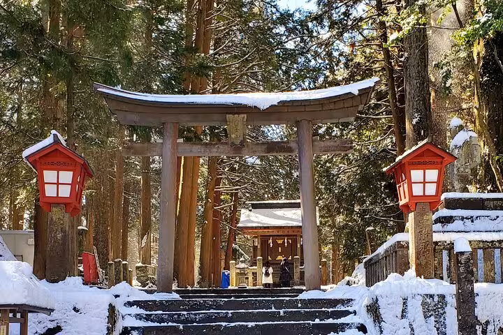 Snow-covered torii gate and shrine in Hakone's serene forest on a Mt. Fuji and Hakone private guided tour.
