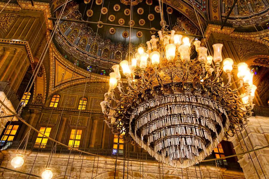 Ornate chandelier inside Muhammad Ali Mosque at Cairo Citadel, a highlight of the private 4-day Cairo tour
