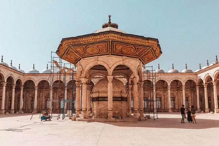 Courtyard of Muhammad Ali Mosque at Cairo Citadel with ornate ablution fountain, featured on Cairo day tour