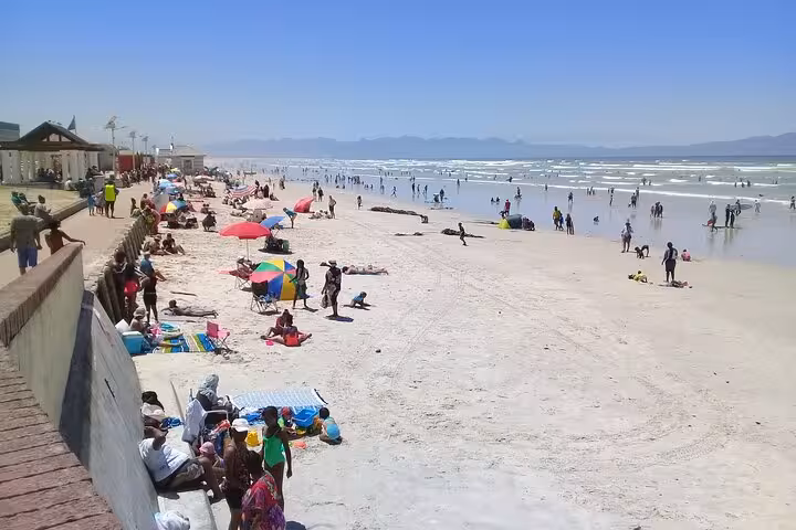 Crowded Muizenberg Beach in Cape Town with visitors enjoying sunbathing and surfing on a clear day.
