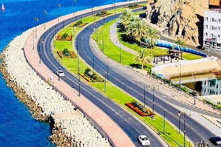 Scenic view of Muscat's coastal road with palm trees and ocean, ideal for a private guided sightseeing tour.