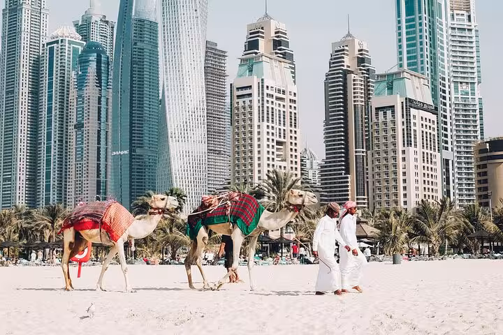 Traditional camel ride on a Dubai beach with modern skyscrapers, experienced after your Muscat to Dubai private transfer