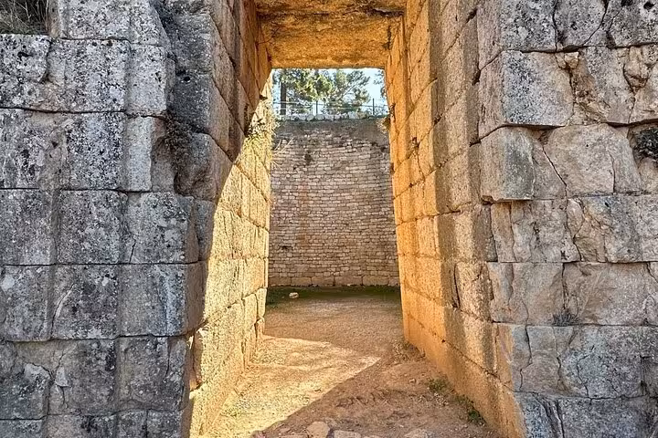 Stone passageway inside the Mycenae citadel ruins, key stop on Mycenae Epidaurus Nafplio Isthmus Canal tour