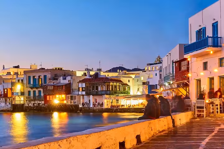 Mykonos Little Venice waterfront at dusk, Cyclades island-hopping on a 7-day private tour from Athens