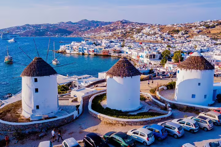 Mykonos Town windmills overlooking Little Venice coastline, a must-see stop on villages and island views tour