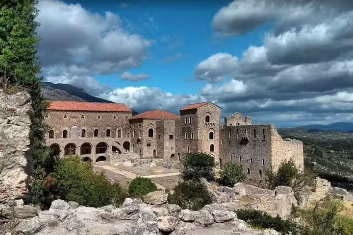 Stone arches of Mystras Byzantine monastery ruins near Sparta, Peloponnese, on a full day guided tour