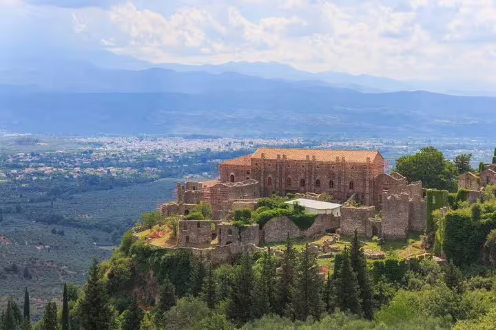 Hilltop Mystras fortress and monastery overlooking Sparta valley, Peloponnese, on a Sparta full day tour
