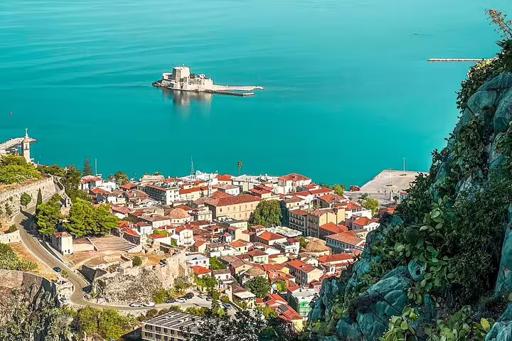 Nafplio aerial view with Bourtzi Castle in the bay, featured on Mycenae and Corinth Canal half-day trip