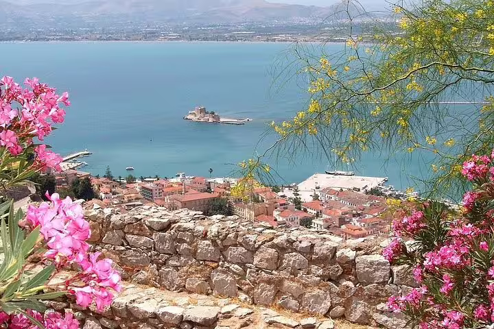 Panoramic view of Nafplio and Bourtzi Castle from Palamidi, scenic stop on a private Athens to Peloponnese tour