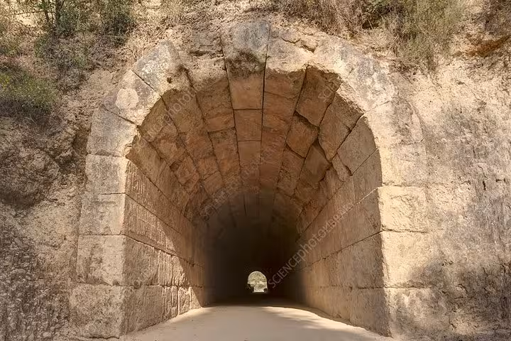Ancient stone tunnel on the private luxury tour from Nafplio to Corinth Canal and Epidaurus sites