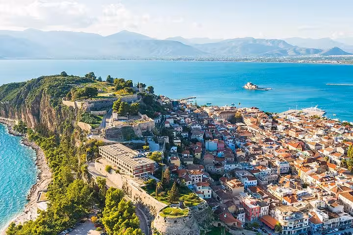 Aerial view of Nafplio old town and Palamidi Fortress by the sea, private tour stop from Corinth Canal and Epidaurus