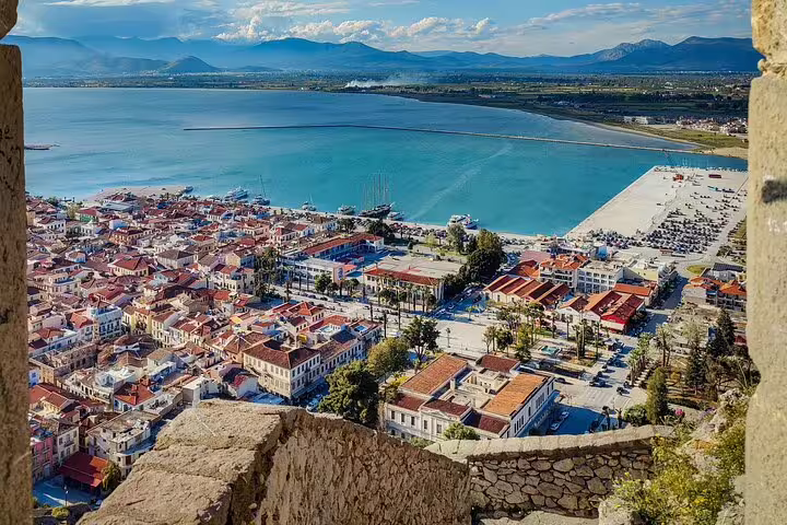 Panoramic view of Nafplio waterfront and harbor from Palamidi Fortress on Mycenae Corinth Canal private tour