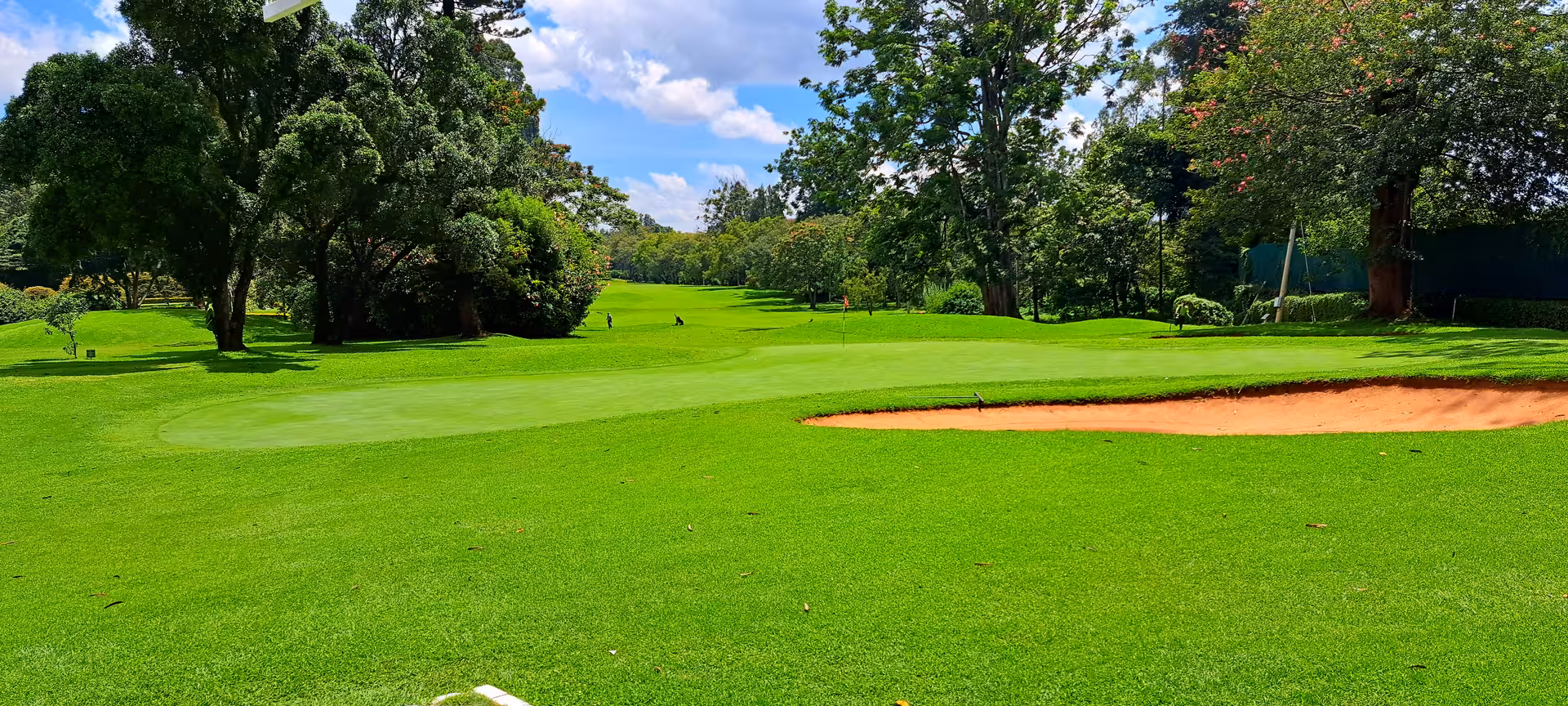 Lush green golf course in Nairobi with sand bunker and tall trees, ideal for a serene golfing experience.