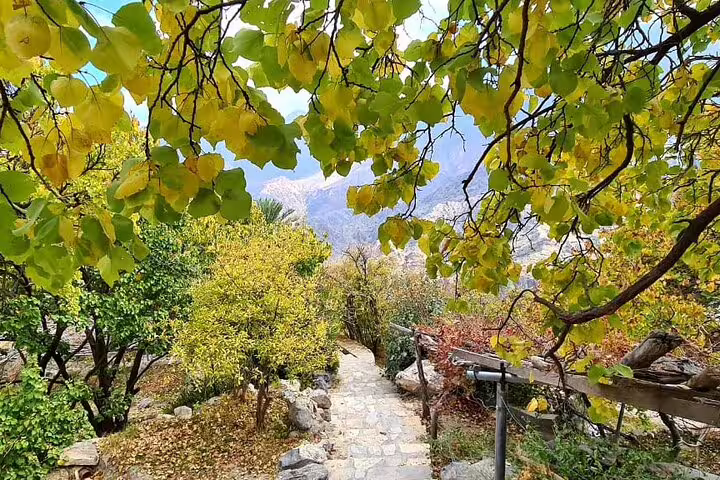 Scenic pathway through lush greenery and mountains in Wakan Village, perfect for nature lovers on the Nakhal Hotspring tour.