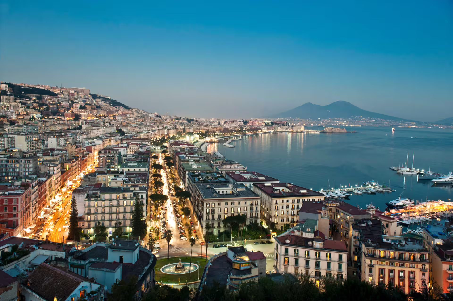 Panoramic Bay of Naples view with Mount Vesuvius and waterfront, seen on Naples Daylight city bus tour