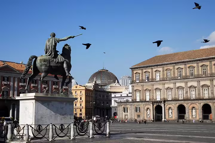 Naples Piazza del Plebiscito with equestrian statue, a highlight on Naples city tour before Pompeii