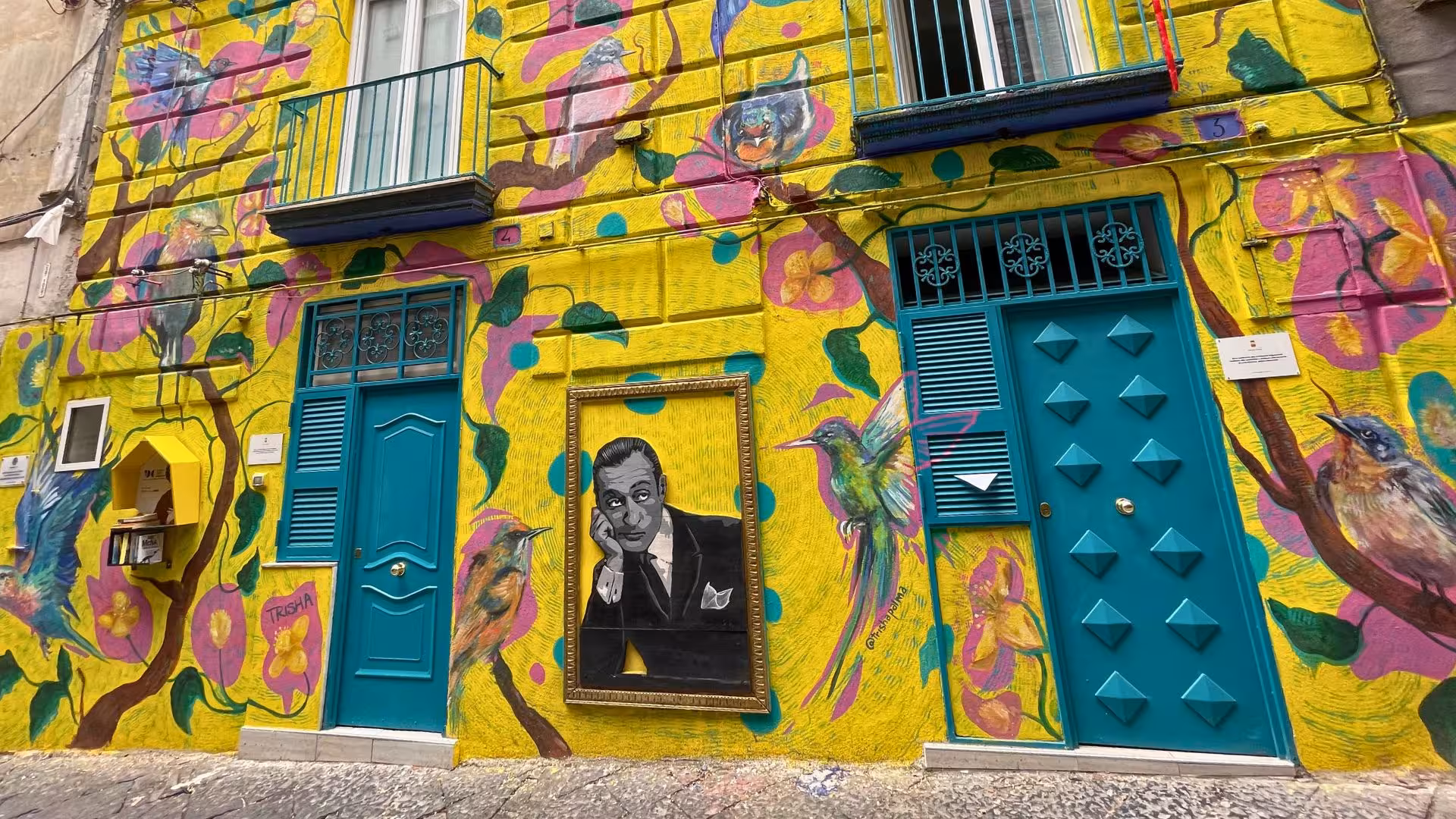 Vibrant mural art on a building facade in Naples' Sanità district, showcasing colorful birds and a framed portrait.