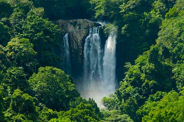 Aerial view of Nauyaca Waterfalls surrounded by dense greenery, a stunning stop on the Manuel Antonio tour.