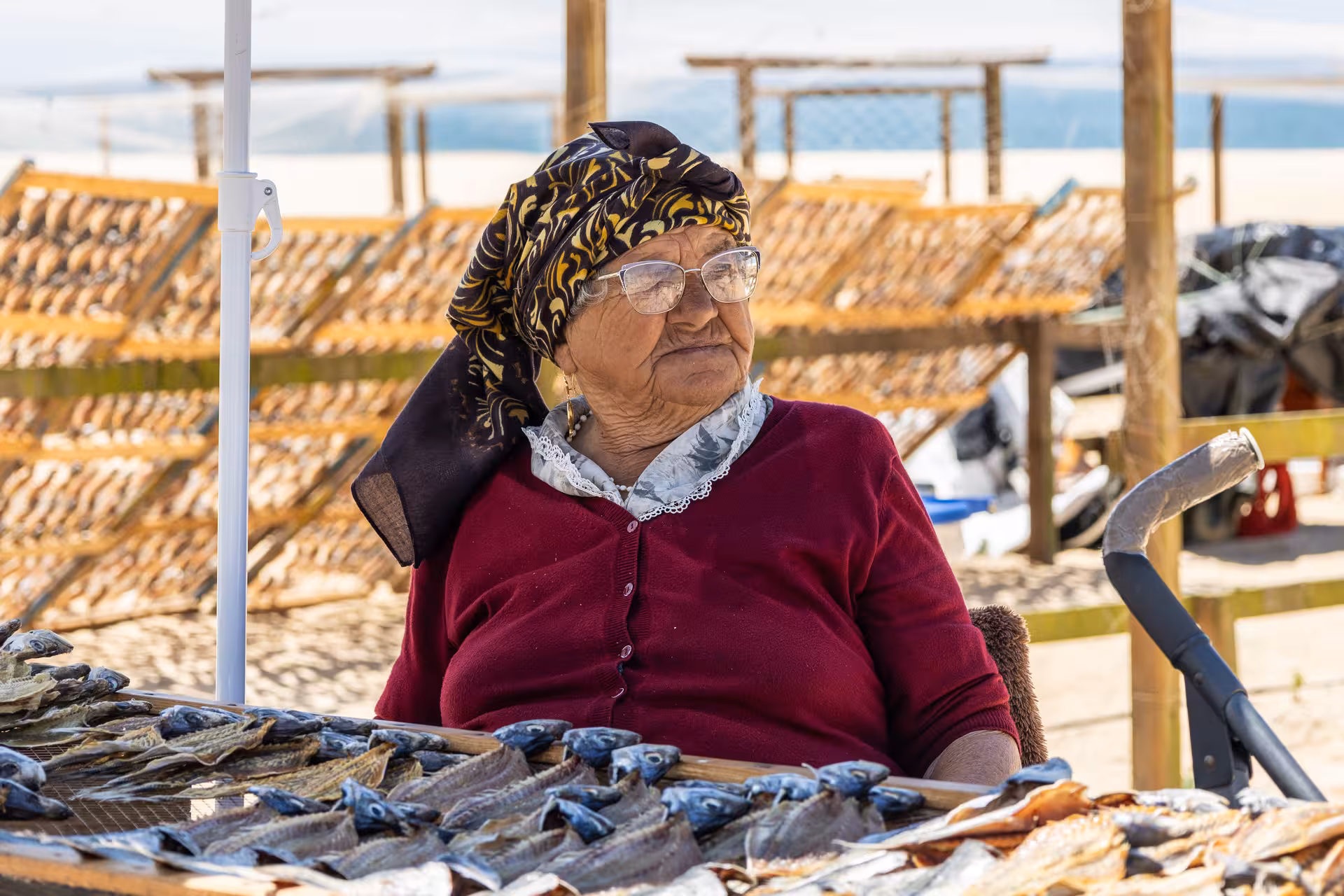 An elderly vendor selling dried fish at a traditional market in Nazaré, showcasing local culture and heritage.