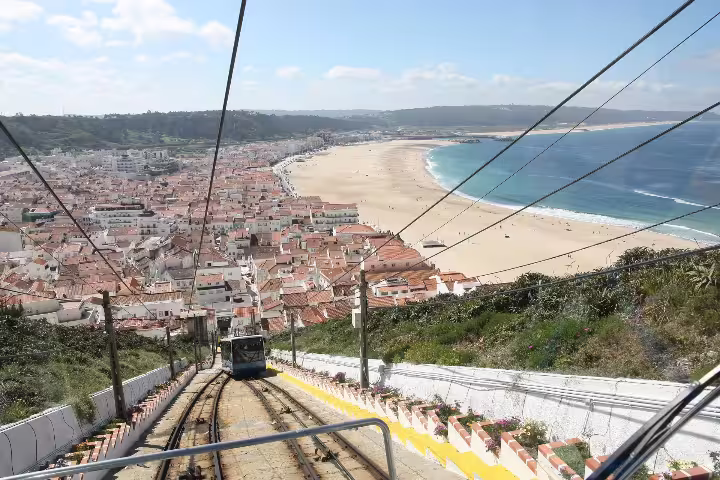 View from the Nazaré funicular overlooking the stunning beach and coastal town, highlighting Portugal's picturesque coastline.