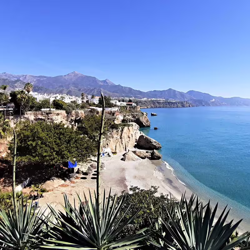 Clifftop view of Nerja beach and Mediterranean coast, a scenic stop on a private day trip from Malaga